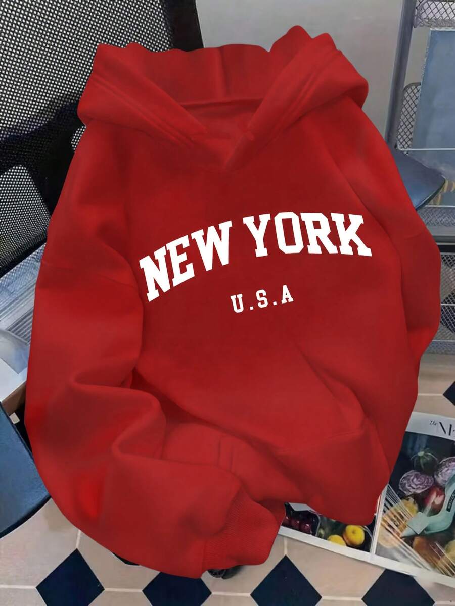 Sudadera con capucha casual para mujer con estampado New York, mangas largas y cálida - Rojo - Ver 1