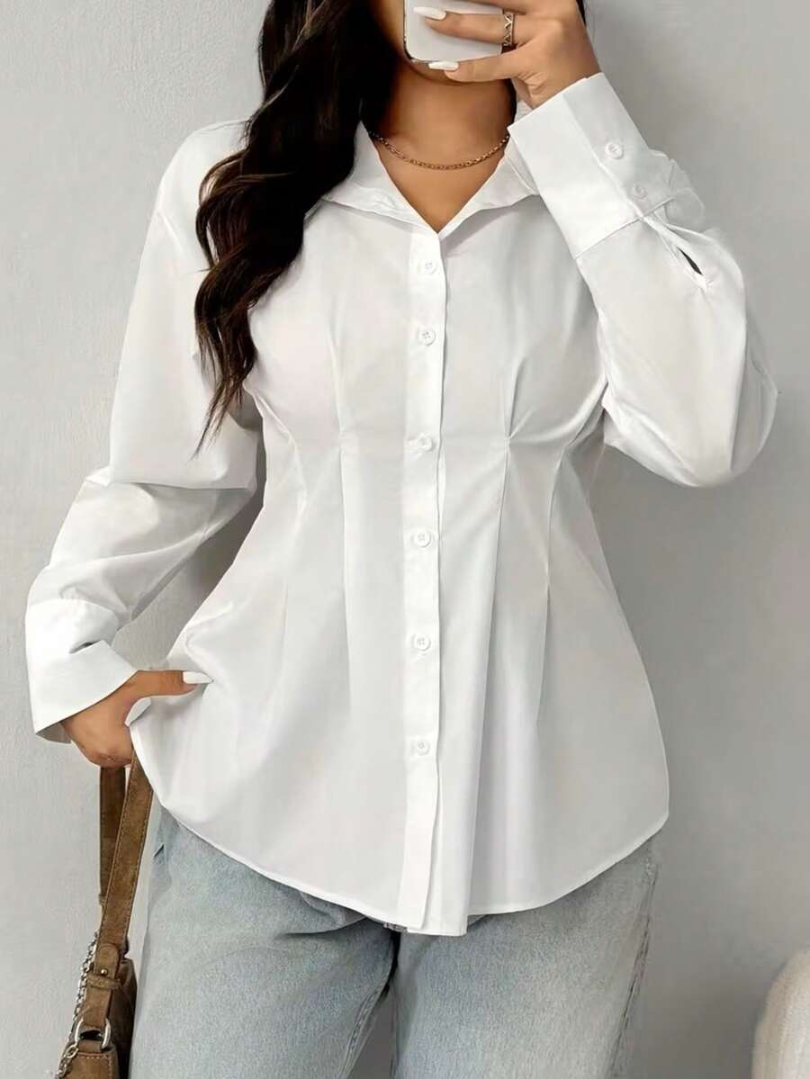 大码女式白色收腰长袖衬衫，优雅休闲通勤时尚上衣，春夏款 - 白色 - 查看 1