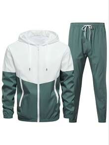 YINGHU 2pcs Men Casual Sports Suit, Hooded Zipper Color Block Jacket, Drawstring Pocket Sports Pants, Suitable For Spring/Autumn Fitness, Running, Sports - Green - View 3
