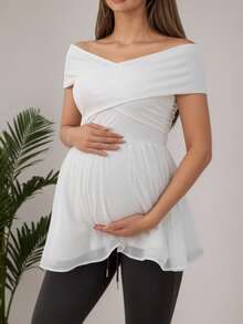 Maternity Off-Shoulder Ruffle Hem Blouse Elegant White Short Sleeve Flare Hem Blouse - White - View 4