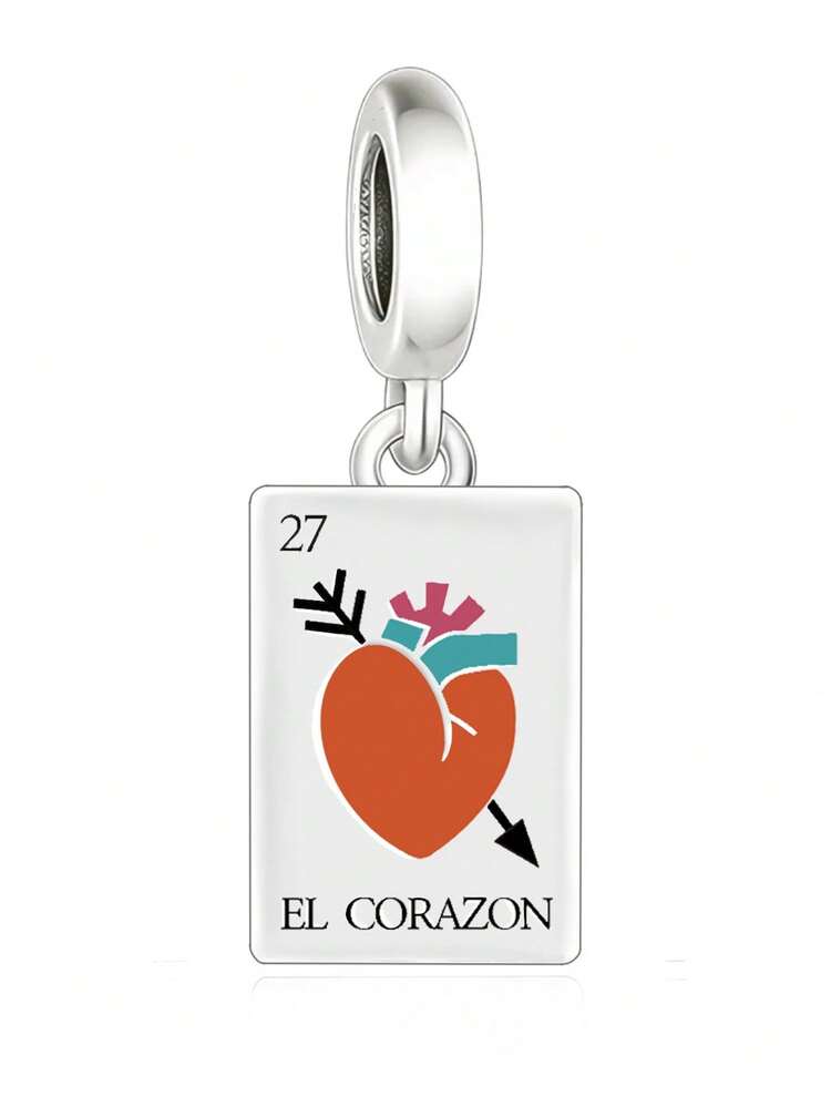 1pc S925 Sterling Silver Mexican Lottery Card Pendant, Colorful Epoxy Square Cartoon Pattern Charm, DIY Bracelet Beading Accessory - Silver - View 8