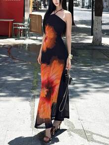 Dazzle Halter Neck Printed Cinched Waist Dress For Women