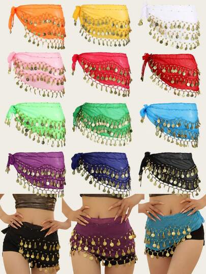 1 pezzo Catena per vita da 72 monete per danza del ventre, costume di Carnevale, Natale, tre strati di cintura in monete d'oro, sciarpa per fianchi, sciarpa per vita, adatta per uso quotidiano e feste di Ognissanti.