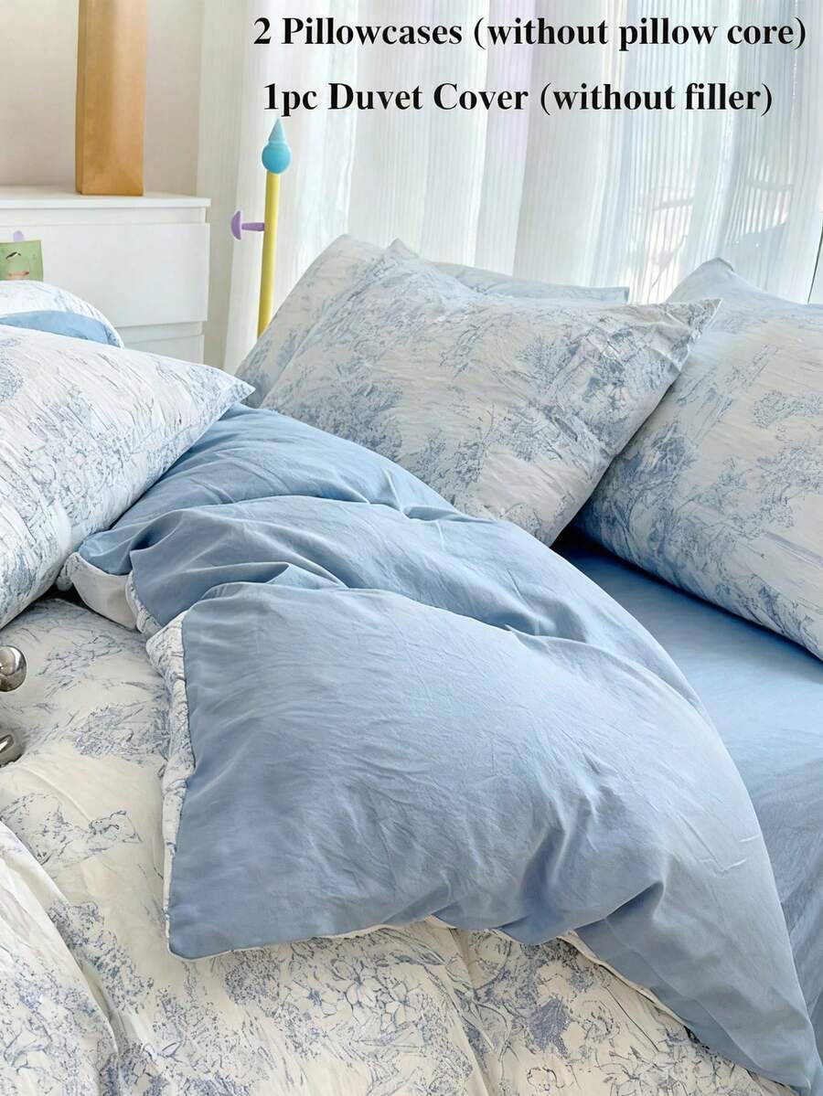 3pcs Pale Pink Printed Duvet Cover Set, Dormitory/Bedroom Bed Super Soft Quilt Cover Set, 1 Duvet Cover & 2 Pillowcases, No Filling, Machine Washable For Bedroom Decor