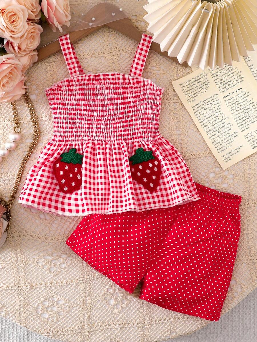 Baby Girls Valentine's Day Outfit - Strawberry Plaid Print Camisole Vest + Cute Red Polka Dot Shorts Set - Red - View 1