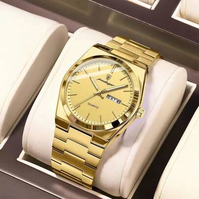  Relojes de lujo POEDAGAR dorados clásicos para hombres, de acero inoxidable, impermeables, luminosos, con fecha y día, de moda casual, con movimiento de cuarzo japonés automático, como regalo de cumpleaños, Día del Padre, amantes, socios comerciales, recuerdos, Halloween, Navidad