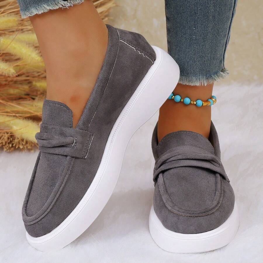 复古风女士休闲一脚蹬鞋，轻便时尚，方便穿脱，简约厚底，适合日常通勤 - 灰色 - 查看 1