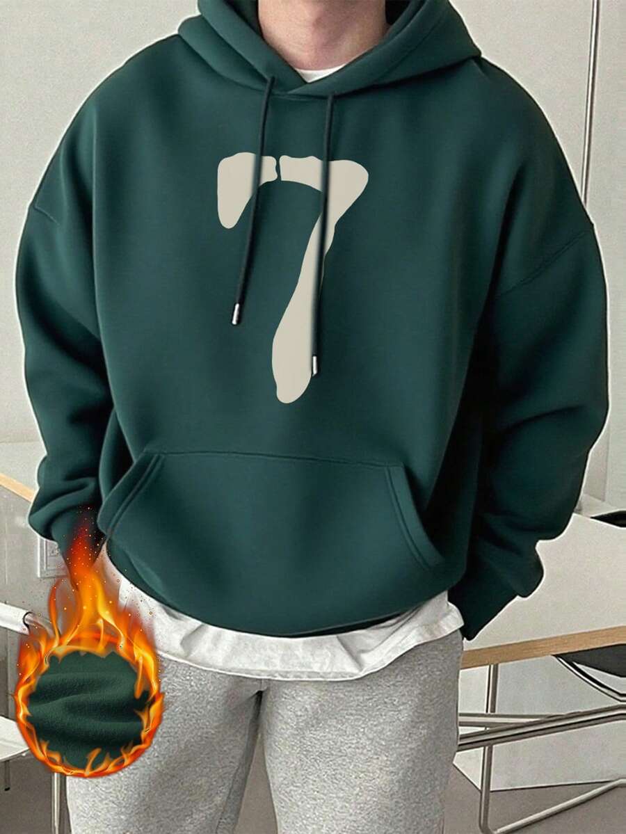 男士休闲数字“7”印花口袋抽绳连帽衫，秋冬款，长袖上衣