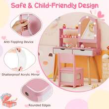 Lifezeal Kids Vanity Set With 3-Color Lighting Modes, Adjustable Brightness, Mirror Cabinet White/Pink - Pink - View 9