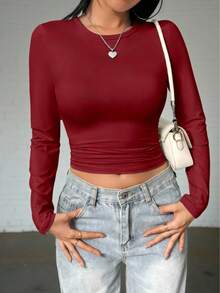 女士高弹纯色修身圆领长袖T恤，简约风格，适合春、秋、冬季穿着，可用于夜间外出/度假/日常/办公/居家/街头/旅行/机场/早午餐等场合，休闲/简约/Y2K/优雅/性感/街头/可爱/时尚，秋冬女装，万圣节女装，圣诞节女装，教师节上衣，外套，约会，基础款上衣，韩版风格 - 酒紅色 - 查看 3