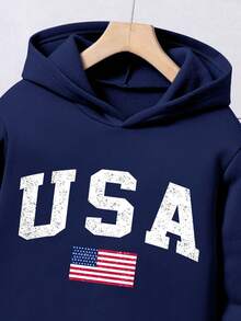 Tween Boy Casual American Flag Letter Print Warm Hoodie And Jogger Sweatpants - Royal Blue - View 3