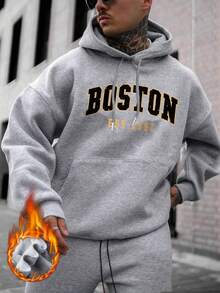 Sudadera con capucha casual con estampado de letra Boston para hombres, de vuelta a la escuela, otoño/invierno - Gris - Ver 3