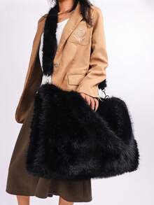 Long Strap Faux Fox Fur Tote - -Wide Large Capacity Tote Bag - Black - View 1