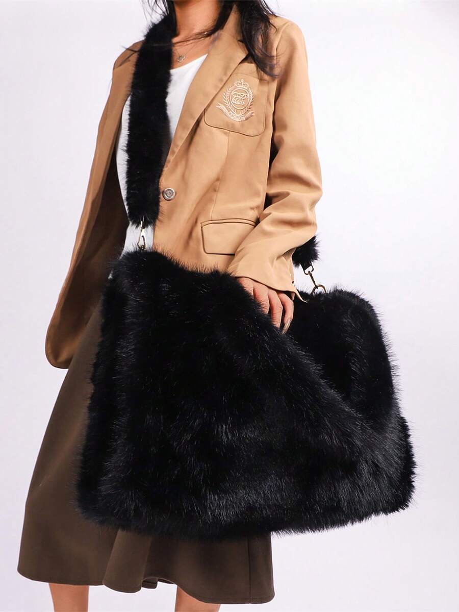 Long Strap Faux Fox Fur Tote - -Wide Large Capacity Tote Bag - Black - View 1