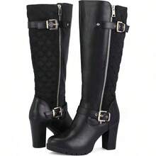 PENNYSUE Women's Knee High Boots, Fashion Chunky Block Heel Warm Winter Boots With Side Zipper For Office And Casual Wear - Pu đen - Xem 1