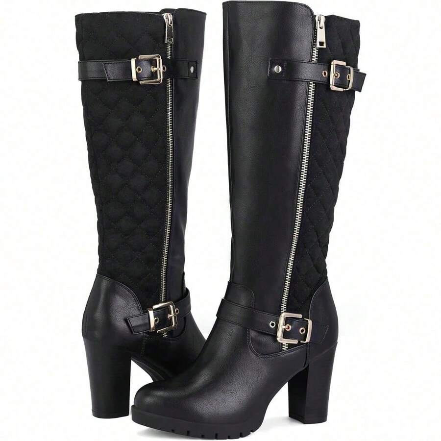 PENNYSUE Women's Knee High Boots, Fashion Chunky Block Heel Warm Winter Boots With Side Zipper For Office And Casual Wear - Pu đen - Xem 1