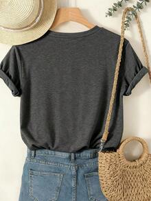 Camiseta de manga corta de cuello redondo gris de talla grande para mujer, casual de verano - Gris Oscuro - Ver 2