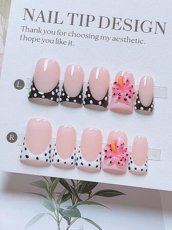 10片装Y2K风鸭嘴美甲套装 - 手工制作，粉色美甲，黑白法式甲片，手工3D花朵（黄色3D花芯），3D花朵设计装饰，手绘黑白波点法式甲片，闪亮波点美甲 - 适合女性和女孩，派对、婚礼、日常佩戴，DIY美甲，美甲套装，包含工具包。鸭嘴美甲。手工亚克力美甲。假指甲。美甲用品