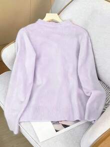 可爱樱桃刺绣珍珠装饰针织开衫，女士百搭设计，秋冬款 - 淡紫色 - 查看 2