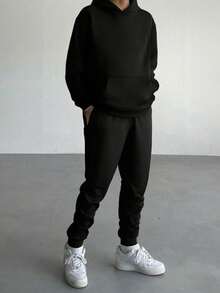 2er/Set Jungen Lässig Fleece Hoodie & Jogginghose Set, geeignet für Reisen und Hauskleidung im Herbst/Winter - Schwarz - Übersicht 4