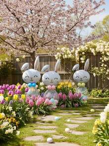 11个/套复活节兔子造型装饰气球，DIY可爱兔子气球，3种款式，柔和粉彩色系甜美装饰道具，蓝/粉/黄乳胶气球，适合复活节家庭聚会派对装饰 - 彩色 - 查看 6