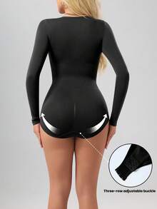 1 Piece Women's Black Seamless Round Neck Long Sleeve Shapewear, Full Coverage Comfort Bodysuit