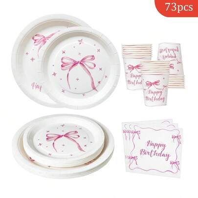 粉色蝴蝶结生日快乐一次性餐盘、餐巾纸、纸杯 - 16人份派对用品，一次性纸盘适用于生日、婚礼、派对、家庭野餐