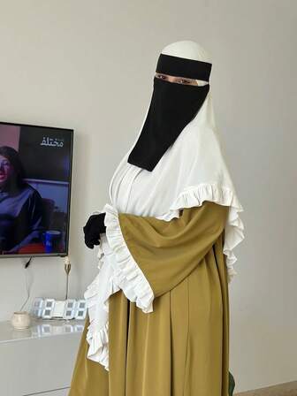 两件套女士头巾和长袍套装，优雅简约纯色蕾丝边女士长袍头巾，端庄长袖连衣裙，适合日常、祈祷、工作、聚会等场合。