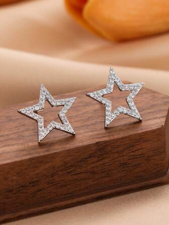2pcs Fashionable And Simple Star-Shaped Hollow Zirconia Earrings, Elegant Style Women's Earrings Jewelry, Suitable For Parties, Banquets, Daily Wear, Appointments And Anniversary Gifts
