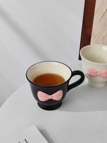 1pc Black & Pink Bow Ceramic Cup, Cute & Sweet Ceramic Cup With 3D Bow And Stem Design, Suitable For Coffee, Beverages, Sweet & Chic Home Decor And Gifts For Friends