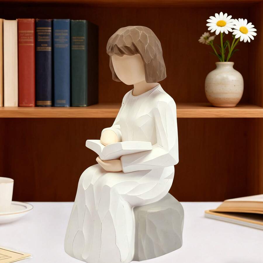 1-Piece "Tranquil Reader" Resin Figurine - Textured Finish & Book-Loving Pose Detail, Cozy Literary Home Decor For Shelves & Desks (Minimalist Warm Style),Suitable For Living Room Decoration, Christmas Home Decoration, Home Décor,Home Decor,Room Decor,Valentine's Day Gifts - 白色 - 查看 1