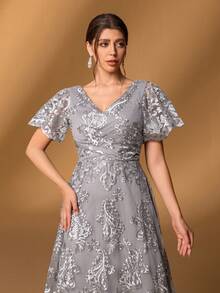 Faeriesty Mosy Elegant V-Neck Ruffled Sleeve A-Line Lace Applique Gown For Mother Of The Bride | Perfect For Formal Galas, Weddings, Evening Receptions, Black Tie Dinners, Awards Ceremonies