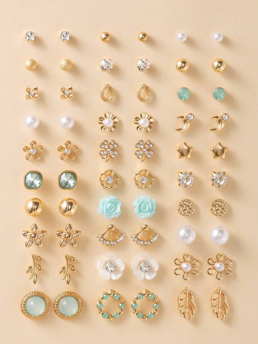 30 Pairs/Set Women's Daily Fashion Stud Earrings, Flower, Star, Moon, Rhinestone, Metal, Faux Pearl, Multiple Styles, Cute & Minimalist, Suitable For Casual Wear, Holiday Gifts - Multicolor - View 1