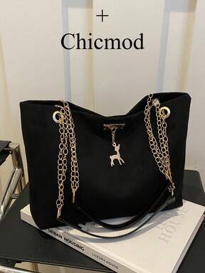 1pc Polyester Deer Decoration Large Capacity Zipper Closure Fashion Shoulder Tote Bag, Suitable For Women Daily UseSuitable For Shopping, Wallet, Shopping, Young Women, College Students, Newcomers, White-Collar Workers. Very Suitable For Office, College, Work, Business, Commuting, Outdoor Activities, Travel And Outings