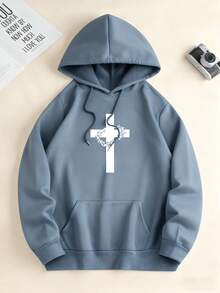 男士休闲街头连帽衫，饰有十字架元素和英文标语印花，秋冬款 - 淺藍色 - 查看 6