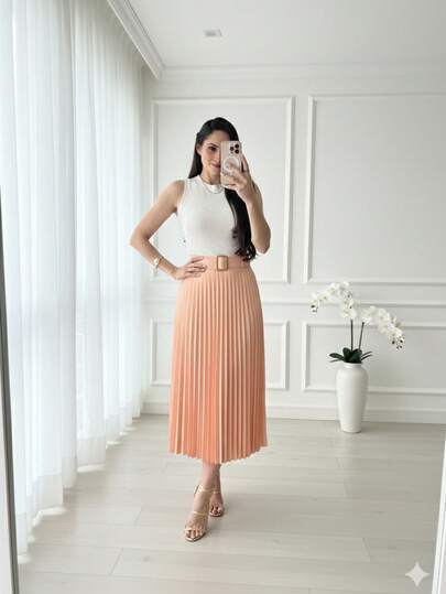 Saia com cinto Plissada Elegante Maximidi