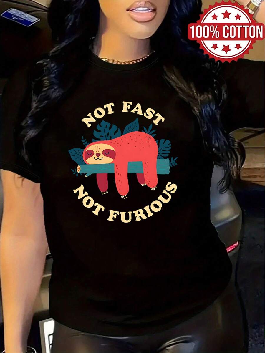 1pc 100% Women Sloth Not Fast Not Furious Funny Graphic 2D Print Round Neck Short Sleeve Tshirt, All Season - Negro - Ver 1