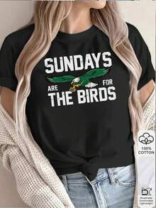 1pc 100% Women Sunday Sports Eagle Graphic 2D Print Round Neck Short Sleeve TShirt for All Seasons - Negro - Ver 1