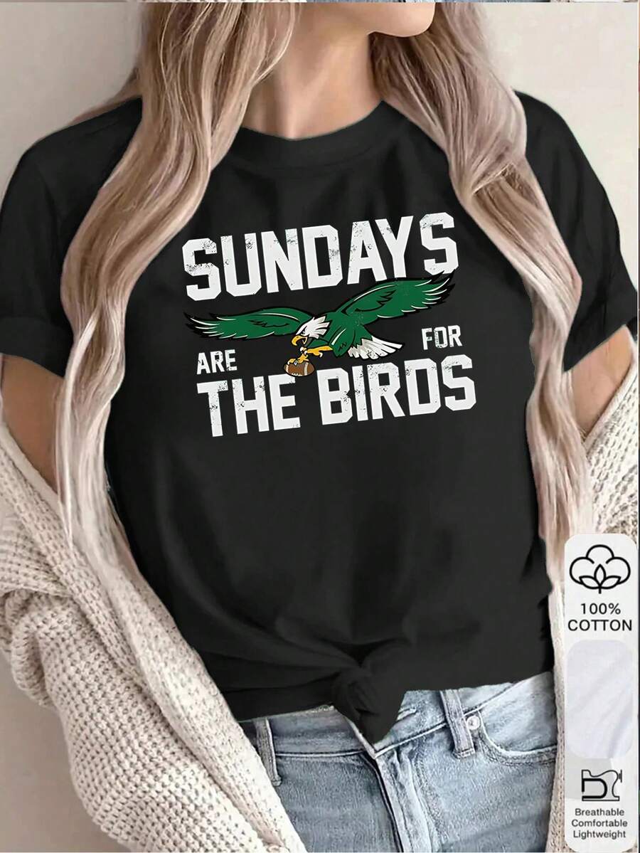 1pc 100% Women Sunday Sports Eagle Graphic 2D Print Round Neck Short Sleeve TShirt for All Seasons - Negro - Ver 1