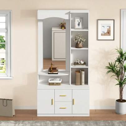 Mobile da ingresso multifunzionale 90*40*180cm con spazio di archiviazione, armadietti con scarpiera e specchio, mobiletto con 2 cassetti e 2 armadietti, cassettiera con ripiano, bianco