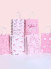 12pcs Valentine's Day Pink Bow Theme Party Gift Bags - Elegant Paper Gift Bags With Handles, Suitable For Weddings, Valentine's Day, Bridal Showers, Birthdays And Special Occasions, Decorated With Bows, Stars And Geometric Patterns, Primarily In Pink Tones, Wedding Party Favors | Distinctive Bow Design | Sturdy Handles Bags, Bridal Shower Gifts - Multicolor - View 7