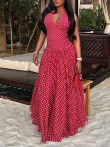 Vestido longo feminino elegante em estilo vintage, vermelho com bolinhas, corte em A, alças finas nas costas e barra evasê, exibindo um charme retrô perfeito para festas e o verão. - Vermelho - Ver 1