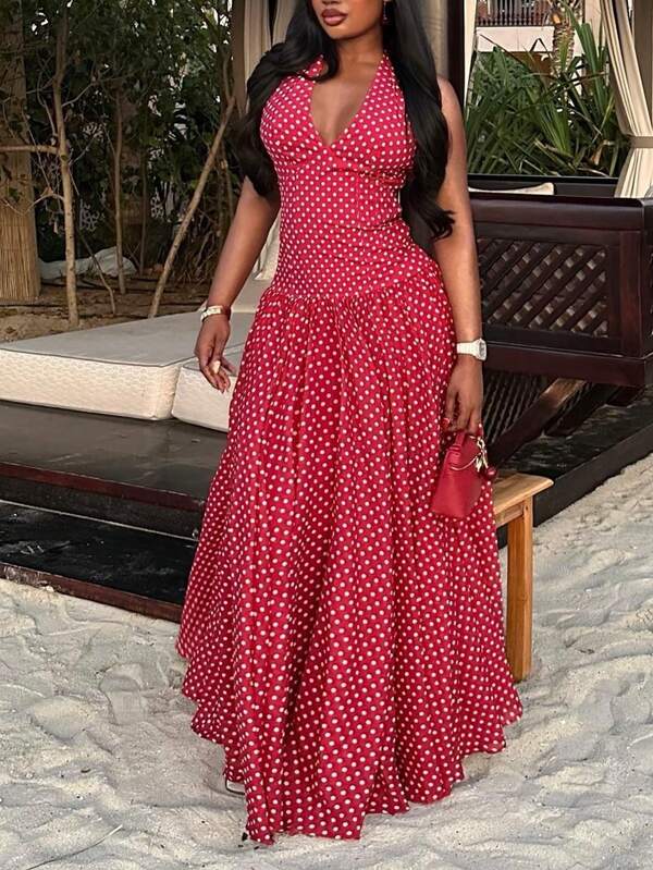Elegant Vintage-Style Women's Red Polka Dot A-Line Maxi Dress With Backless Spaghetti Strap Design And Flared Hem, Showcasing A Graceful Retro Vibe Party