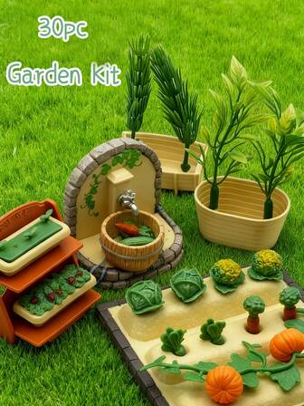 Conjunto de diversión de granja pastoril en miniatura, que contiene una variedad de plantas verdes simuladas, modelos de herramientas de granja en miniatura, accesorios de verduras lindos y accesorios de decoración de escena libremente combinables, adecuados como regalos para Halloween, Navidad y Acción de Gracias.