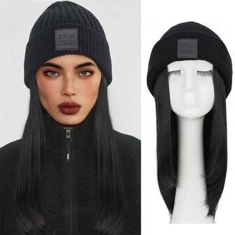 12 tum syntetisk hattperuk värmebeständig hattperuk stickad mössa med hårförlängning syntetisk varm vintermössa peruk kort rak peruk köldbeständig mjuk hårstycke för att ge volym och längd värme för kvinnors dagliga fest jul halloween användning