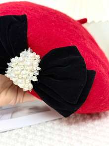 Fashionable Elegant Party Bow Beaded Decorated Beret Hat - Red - View 6