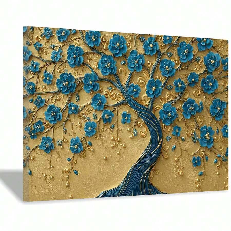 [2D Flat] 1Pc Framed Ready To Hang, Retro Graffiti Tree Tree Of Life Scenery Canvas Wall Art, Modern Abstract Blue & Gold Floral Tree Posters Painting Pictures Wrapped Framed Print, Home Decor Living Room Office Wall Decor For Glam Art Admirers, Ornate 3D Style - 藍色 - 查看 1