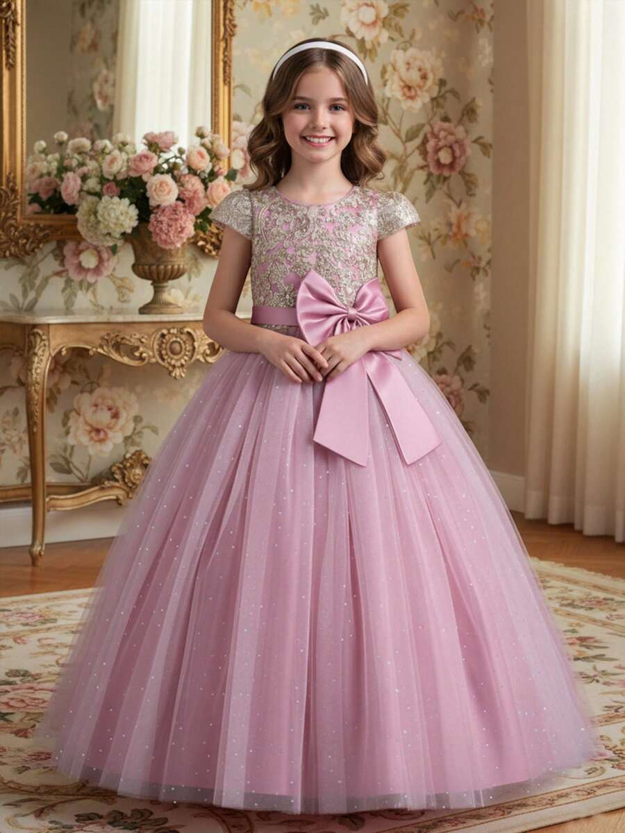 Girls Sequin Embroidered Bodice Tulle Ball Gown Dress With Glitter Skirt Short Sleeves And Big Bow Back Princess Flower Girl Dress For Wedding Birthday Pageant Formal Occasion - 藕粉色 - 查看 1