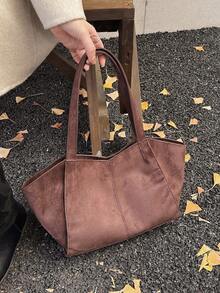 Imitation Suede Tote Bag, Retro Commuter Armpit Bag, Large Capacity, Stylish Shoulder Bag - Coffee - View 4