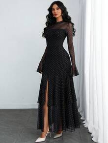 Đầm nữ lãng mạn, gợi cảm và thanh lịch với họa tiết chấm bi hiện đại, cổ đứng, xẻ tà đôi, nhiều lớp, phù hợp cho hẹn hò, du lịch và sinh hoạt hàng ngày, màu đen mùa xuân. - màu đen - Xem 4